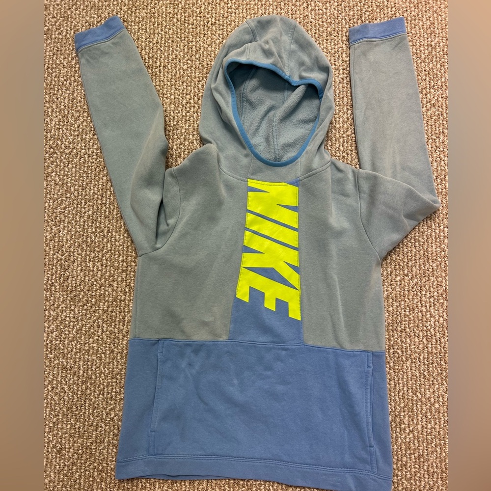 Nike Kids Light Blue & Blue Pullover Hoodie with Neon Yellow Logo Sz XL